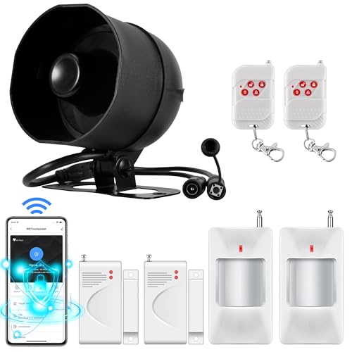 Sistema di allarme Kit WIFI, Allarme Casa da 120 dB con sensore di movimento, sensore per porte e finestre e Telecomando, Antifurto Sistema di Allarme per capannoni, camper, garage(Nero)