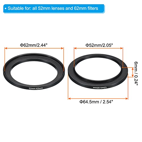 Image of PATIKIL 52mm-62mm Metal Step Up Ring, 2 Pack Camera Lens Filter Adapter Ring Aluminum Filter Adapter Ring for Camera Lenses Hood, Black