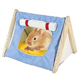 SEZDEKI Rabbit Tent Wood Guinea Pig Hideout Large with Curtain & Cushion Easy to Assemble Small Animal House Cage Accessories for Pet Bunny, Ferret, Rat, Chinchilla, Squirrel (Blue, Large)