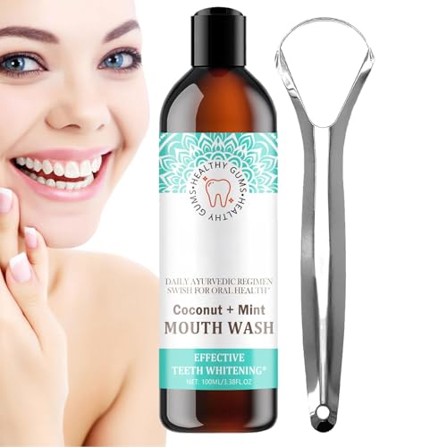 Mund Water- Oil tirar con raspador de lengua | Enjuague bucal de coco | tirando de aceite | El enjuague bucal de aceite de coco y menta natural con raspado de lengua | Enjuague buc