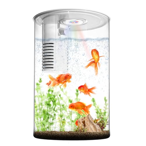 Fish Tank Night Light, 3 Gallon Fish Tank with Filter and Light, Self-Cleaning Desktop Aquarium Starter Kit & LED Lamp, 360 View for Small Fish, Kids Room & Home Decor(7 Color Modes, White)