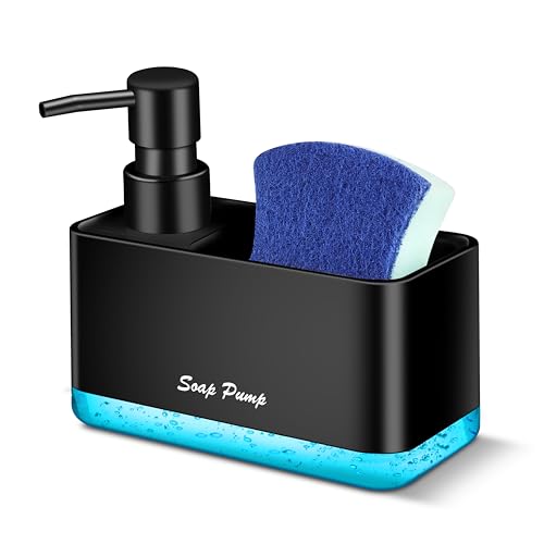 Dish Soap Dispenser with Sponge Holder 2-in-1 Countertop Small Soap Dispenser for Kitchen and Bathroom Multi-Scene for Dish Soap Hand Soap Lotion Body Wash (Black)