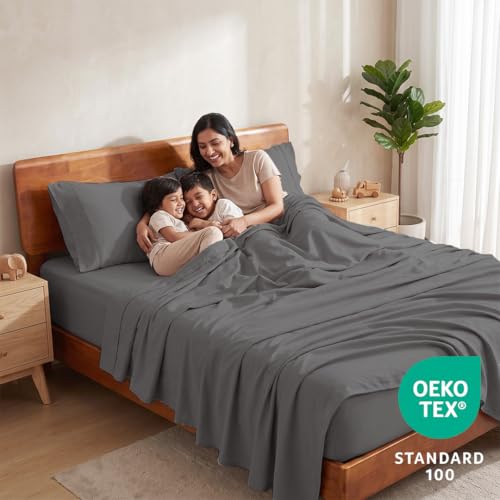 Image of LANE LINEN 100% Organic Cotton Bedsheet for Double Bed King Size - Charcoal | GOTS Certified, Percale Weave, 108x108 inches, Soft & Breathable, Machine Washable, Includes 2 Pillow Covers