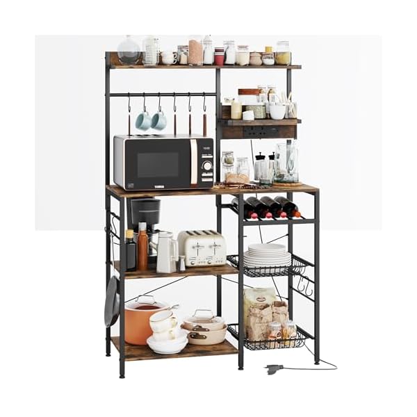 VERMESS Large Bakers Rack with Power Outlets,6-Tier Microwave Stand,Kitchen Shelf with Wire Basket, Vintage (Vintage)