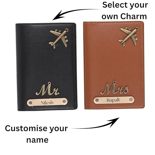 Image of Unisex-Adult Personalised Name, Charm & Color Leather Passport Cover Gift Set /Wallet for Couple - 2 Pcs | Wedding Anniversary Marriage Gifts for Couple Friend Husband Wife, Assorted
