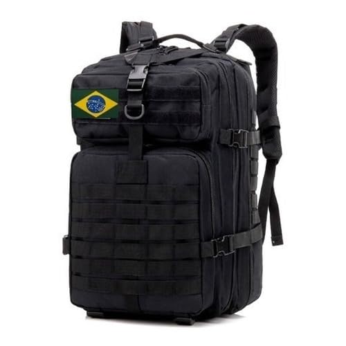 Mochila Tática Militar 50 Litros, Preta com Bandeira do Brasil