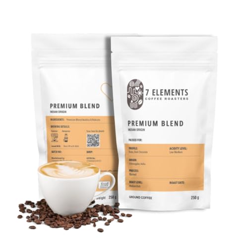Image of 7 Elements Coffee Roasters Premium Blend Ground Coffee - 250 g (Pack of 1) | Medium-Dark Roast (Pour-over Grind) | Specialty Robusta & Arabica Coffee Grounds | AA Grade | Rich Flavorful Coffee