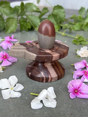 Image of Shivam VASTU AKAL 1.5 inch Original Narmadeshwar Narmada Shivling with 3 inch Narmada Stone Yoni Base Jaladhari (Mahamratunjay Shivling, Multicolor Damru Jaladhari)
