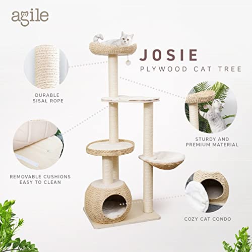 Agile 60" Premium Real Pine Plywood Cat Tree Condo Tower With Natural Sisal Scratching Climbing Posts And Handwoven Baskets (Josie) #TOP1