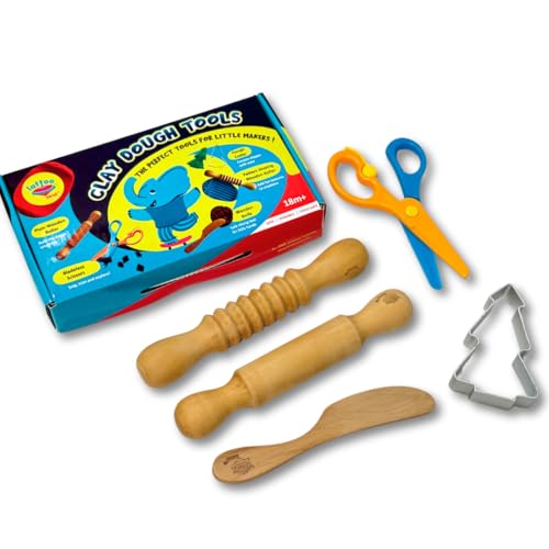 Lattooland Dough Tools Set of 5 - Sculpting Tools to Roll, Cut, Flatten | Wooden Rollers & Knife | Child-Safe Scissor | Pretend Play Kitchen | Clay Mould for Kids Ages 2-7 | Art & Craft