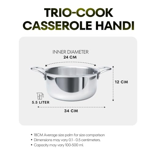 Image of Trio-Cook Triply Stainless Steel Saucepot | Casserole | Biryani Handi with Lid (24cm | 5.5Liter)