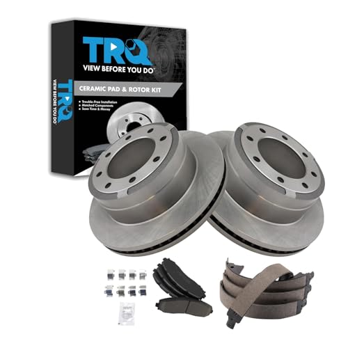 Image of TRQ Rear Brake Pad & Rotor Kit Parking Brake Shoe Set Ceramic Compatible with 2013-2021 Ford F-250 Super Duty F-350 Super Duty