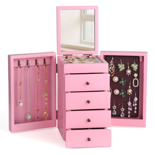 AFAjwsc Scatola Portagioie a 5 Ripiani, 4 Cassetti, con Specchio Ampio Interno, Grande Porta Gioielli Donna per Anelli, Bracciali, Orecchini, Collane, Gioielli, Orologi