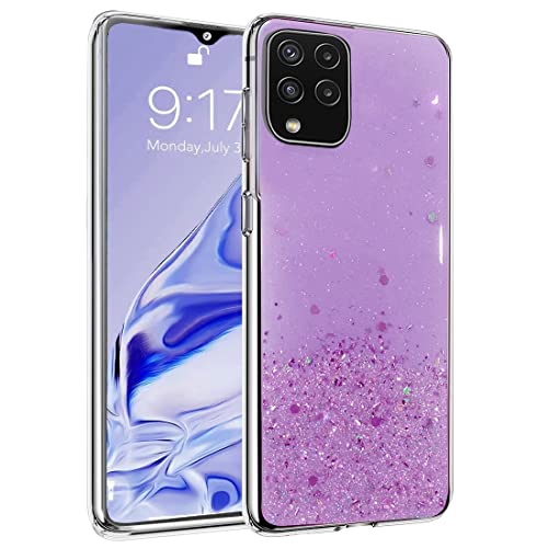 Image of VONZEE Glitter Case Compatible with Samsung Galaxy M32 4G / M32 Prime / F22 4G, Non Moving Glitter Stars Cover Soft TPU + Hard PC Bumper Bling Cover for Women Girls Protective Shockproof (Purple)