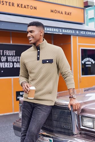 COOFANDY Quilted Sweatshirts for Men Quarter Button Pullover Sweatshirt Stand Collar Outdoor Polo with Pockets2