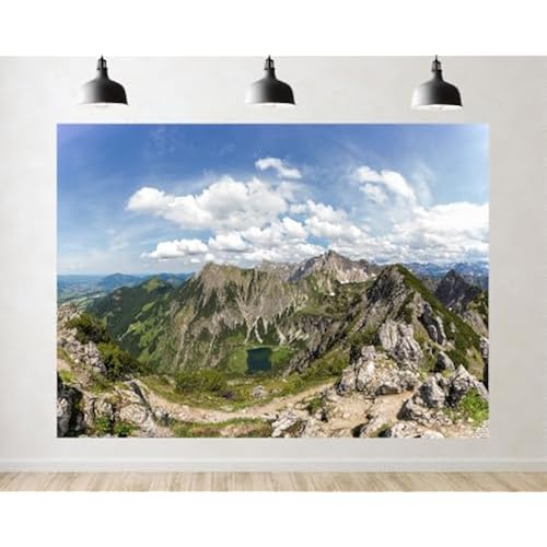 Trykid 8x6ft Alpine Peak Panorama Backdrop Rocky Trail Green Slope Valley Lake White Cloud Sky Photography Background Hiking Banquet Outdoor Party Decoration Tapestry Photo Booth Prop Fabric