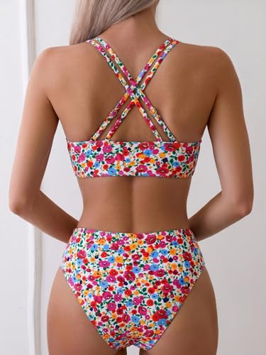 Image of Fanuerg Women's Sexy V Neck Bikini Sets Hollow Out Two Piece Swimsuits Cutout Mid Waist Bathing Suit