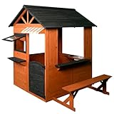 Easy Playhouse: Big Outdoor Wooden Playhouse - Working Door & Windows, Side Serving Station & Bench, Sink & Stove, Backyard Creative Toy Home, Kids 3+