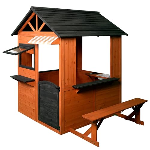 Easy Playhouse: Big Outdoor Wooden Playhouse - Working Door & Windows, Side Serving Station & Bench, Sink & Stove, Backyard Creative Toy Home, Kids 3+