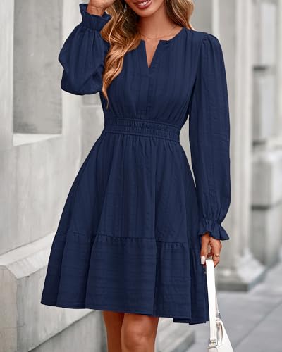 BTFBM Mini Dresses for Women 2025 Casual Lightweight Long Sleeve V Neck A Line Elastic Waist Party Holiday Dress2