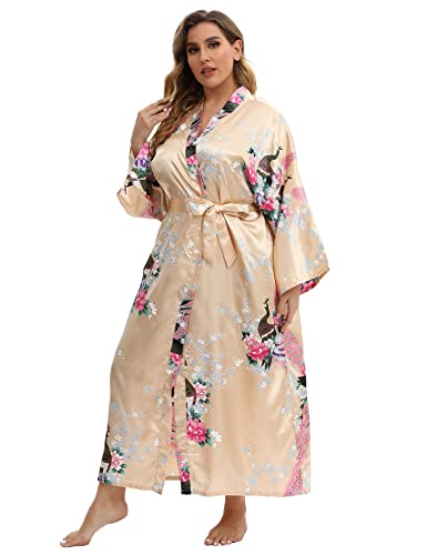 Image of Women's Floral Long Satin Robes Plus Size Long Silk Robes Peacock Floral Kimonos Sleepwear Dressing Gown