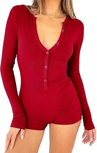 Image of LACOZY Red Jumpsuits for Women V Neck Long Sleeve Shorts Romper Y2K Unitard Jumpsuit 2026 One Piece Button Bodycon Gym Yoga Sport Outfit Big Red L