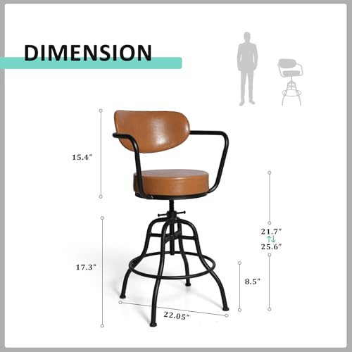 Butaco industrial moderno con respaldo, reposabrazos y reposapiés: asiento giratorio flexible y altura ajustable de 21,7" a 25,6" - cojín suave y cuero liso - elegante color marrón con estructura metálica miniatura 3