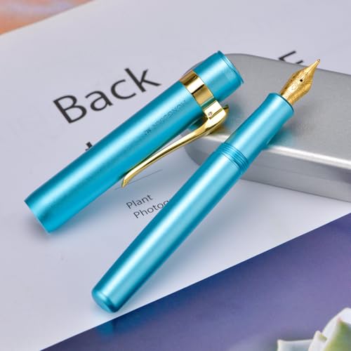 Image of HONG DIAN M2 Black Forest Mini Fountain Pen, Bent Nib & Sleek Shape Aluminium Short Pocket Travel Pen (Lake Blue)