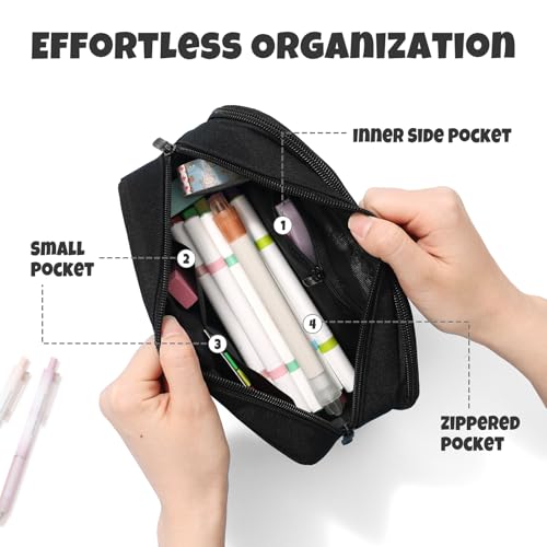 Image of SUNEE Pencil Case, Large Capacity Pencil Pouch, Extra Big Pencil Bag with 6 Compartments, Durable Canvas Pencil Box for Office Stationery Organizer, Back to School Supplies for Teen Boys Girls, Black