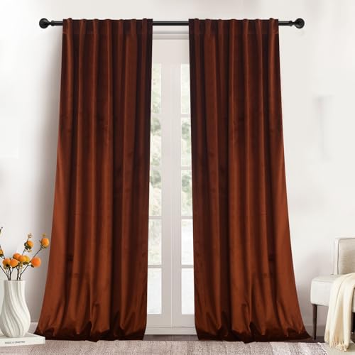 Roslynwood Luxury Soft Rust Velvet Curtains 84 inches Long Back Tab Thermal Insulated Blackout Window Drapes for Living Room/Bedroom/Dining Room W52 x L84 2 Panels
