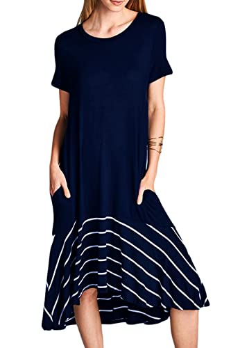 Image of Jayscreate Women's Casual Summer Dress Midi Length T Shirt Tunic Short Sleeve Crew Neck Long Beach Dress Loose Fit with Pockets