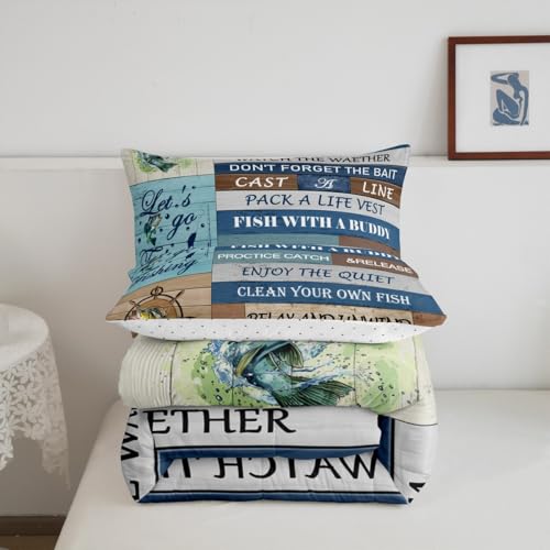 Image of Feelyou Kids Happy Camping Bedding Set King Size, Bass Fish Duvet Insert Fishing Rules Comforter Set Boys Girls Rustic Teens Bedroom Decor 3Pcs