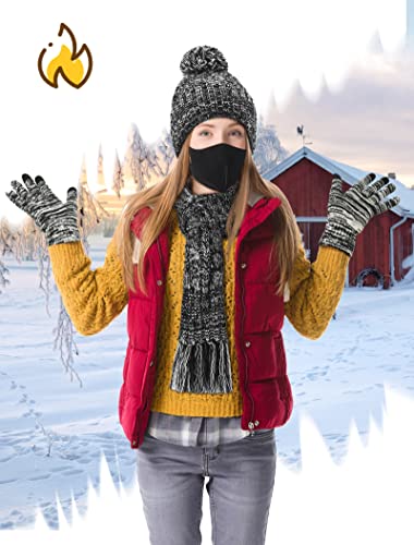 5 In 1 Winter Warm Sets Fleece Knitted Beanie Scarf Touch Screen Gloves Ear Warmer Earloop Warm Cover For Men And Women Black #TOP3