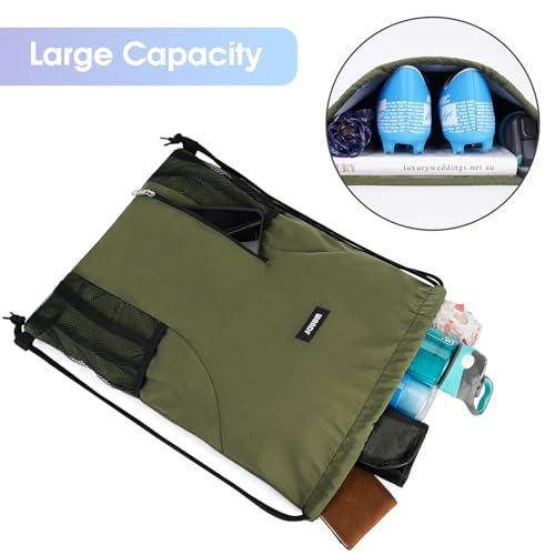Image of WANDF Drawstring Backpack Sports Gym Sackpack with Mesh Pockets Water Resistant String Bag for Women Men (Dark Green)