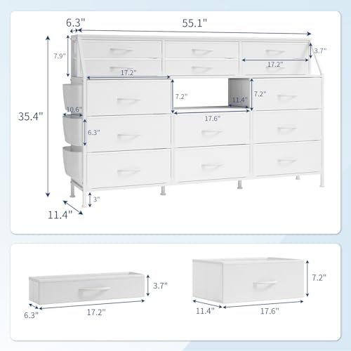 Dresser for Bedroom with 14 Drawers, 55" W Dresser with Side Pocket, Fabric Dressers & Chests of Drawers with Shelves, Sturdy Frame, Wood Top