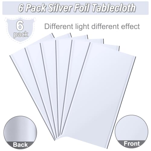 Image of 6 Pack Silver Plastic Tablecloth, Disposable Rectangle Table Covers, Holographic Metallic Foil Tablecloth Silver Party Supplies Decorations for Birthday Graduation Disco Bachelorette, 54x108Inch