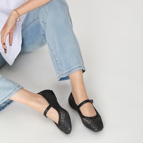 Image of Trary Mary Jane Shoes Women Woven Flats for Women Dressy Ballet Flats Squared Toe Mary Jane Flats Shoes