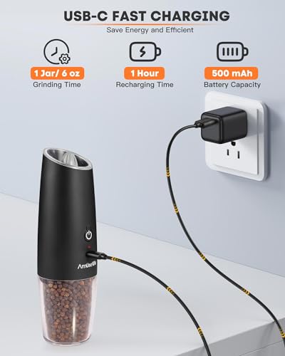 AmuseWit Gravity Electric Pepper Mill or Salt Grinder Mill [White Light] USB Rechargeable Automatic Pepper Grinder, Adjustable Coarseness, One-Handed Operation, Matte Black