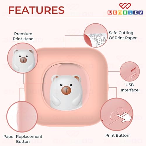 Image of Wembley Mini Bear Themed Thermal Printer| Portable, Wireless & Rechargeable| Safe & Ink-Free Color Printer for Kids Age 5+| Print Anytime, Anywhere (Pink)