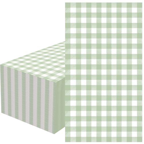100 Pcs Sage Green Gingham Napkins Disposable - Sage Green and White Checkered Paper Napkins - Plaid Dinner Napkins for Picnic Birthday Wedding Bride Shower Party Supplies
