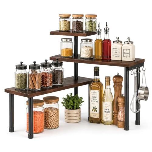 Image of Decorlay 3 Tier Corner Shelf Organizer Rack, Engineered Wood Kitchen Storage Stand for Spice Jars, Oil Bottles, Staircase Rack