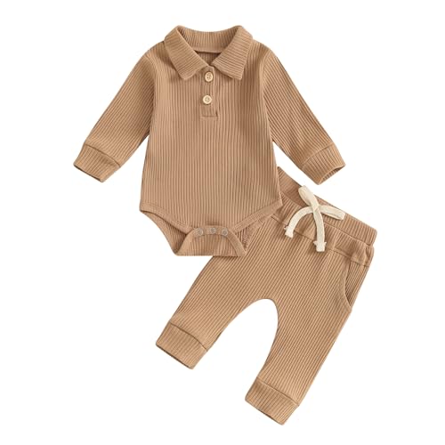 Image of Newborn Baby Boy Girl Clothes Ribbed Knitted Long Sleeve Romper Pants Solid Cotton Infant Fall Winter Outfits 2Pcs
