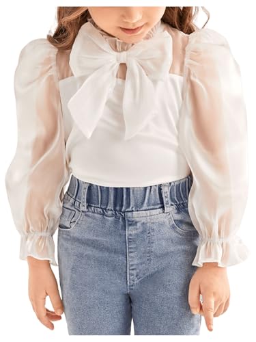 WDIRARA Toddler Girl's Mesh Sheer Long Sleeve Bowknot Mock Neck Frill Trim Blouse Top4