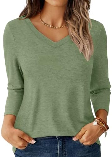 Womens Tops 3/4 Sleeve Shirts V Neck Casual Blouses Basic Loose Fit Pullover Tshirts