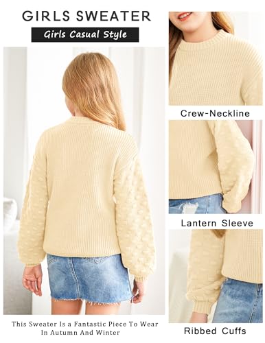 Image of Arshiner Girls Crewneck Sweaters Chunky Lantern Sleeve Knit Jumper Tops Casual Drop Shoulder Pullover Outwear for 5-13 Years