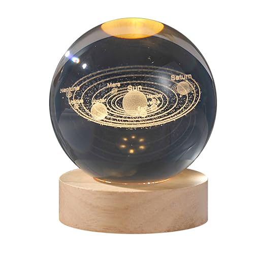 GDWD Bola de cristal 3D, luz nocturna, astronomía, lámpara LED con base de madera, carga USB, sistema solar planeta, bola de cristal, regalo de cumpleaños, decoración para fiestas de mesa (6 cm,