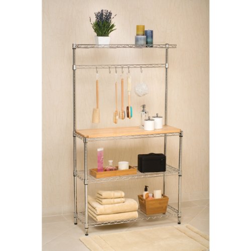 Seville Classics Bakers Rack Kitchen Workstation with Rubber Wood Top - Thumbnail 4