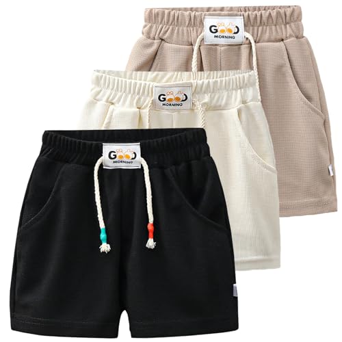 HSTiSan Kids Shorts Summer Running Active Fashions 3 Piece Children Short Light Thin Black White Khaki 3-4Years