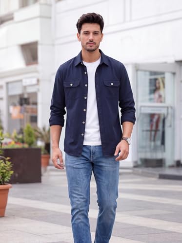 Image of Amazon Brand - INKAST Men's Cotton Blend Button Down Shirt | Long Sleeve Casual Lightweight Breathable Collared Shirts | Soft Comfortable Everyday Wear |Two Flap Chest Pockets |Using like Jacket Shirt