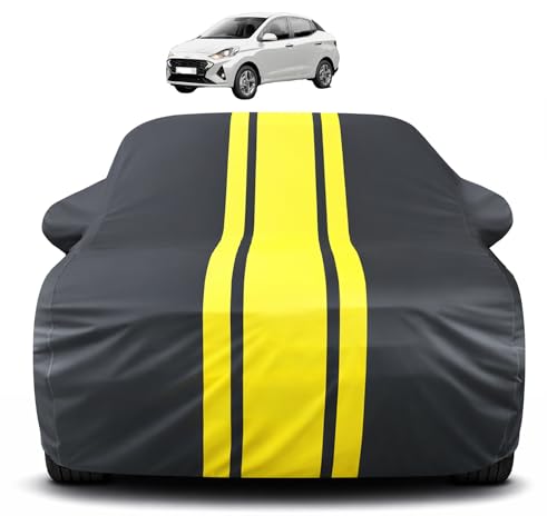 Image of Auto Hub Car Cover Compatible with Hyundai Aura with Mirror Pocket, Soft Cotton Lining, Aura Car Cover Waterproof - Yellow-Black